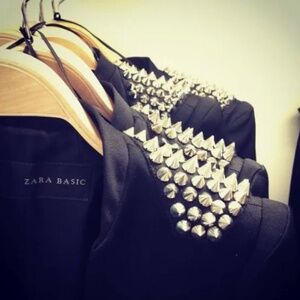 Zara Womens Studded Spiked Shoulders Long Open Front Blazer